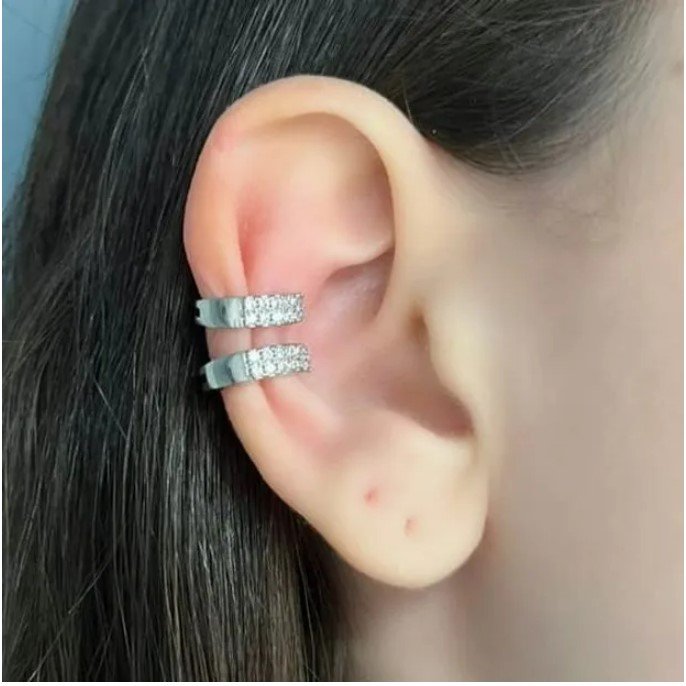 Piercing ear cuff - duplo brilhante, prateado - REF X040