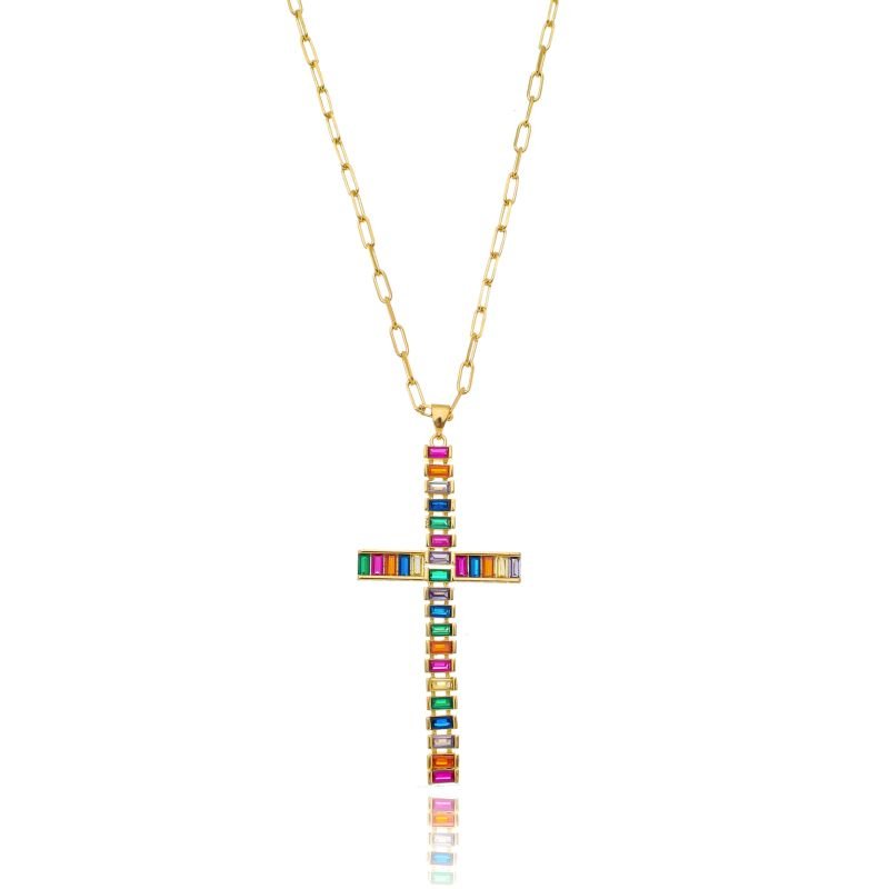 Colar Corrente de Elos com Pingente Crucifixo Riviera Zircônia Baguete Colorida 50/55cm