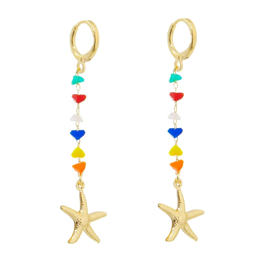 Brinco de Argolinha com Cristais Coloridos Pingente Estrela do Mar com Banho em Ouro 18K