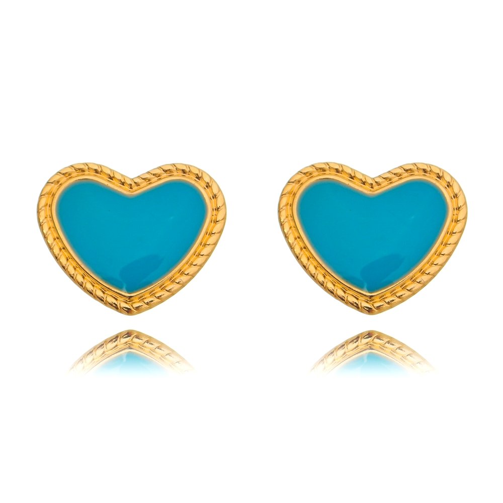 Brinco de Coração Amor de Verão com Bordas Texturizadas Resinado Azul Turquesa Banhado a Ouro 18K