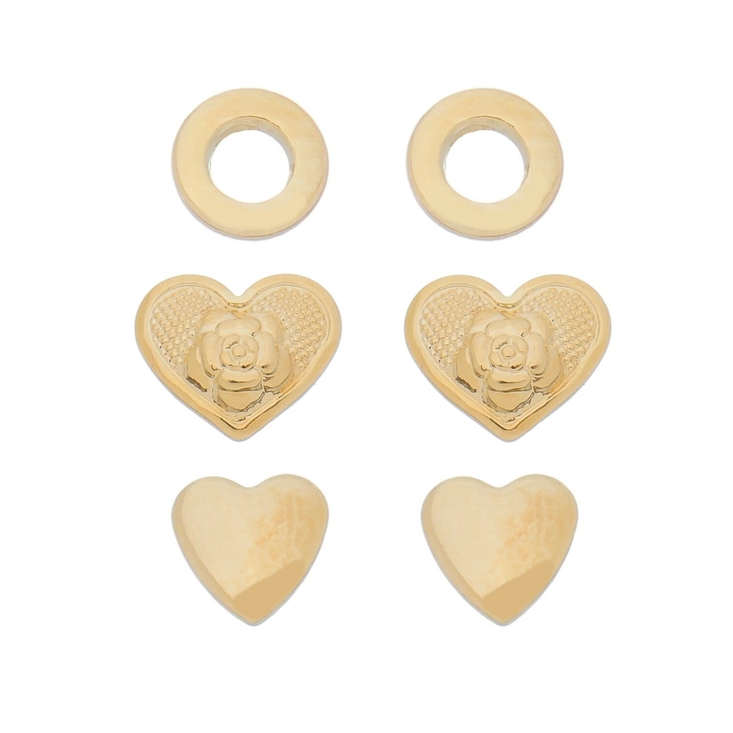 Kit com Três Brincos RIKYFIF Círculo, Coração com Flor e Coração Liso com Banho em Ouro 18K