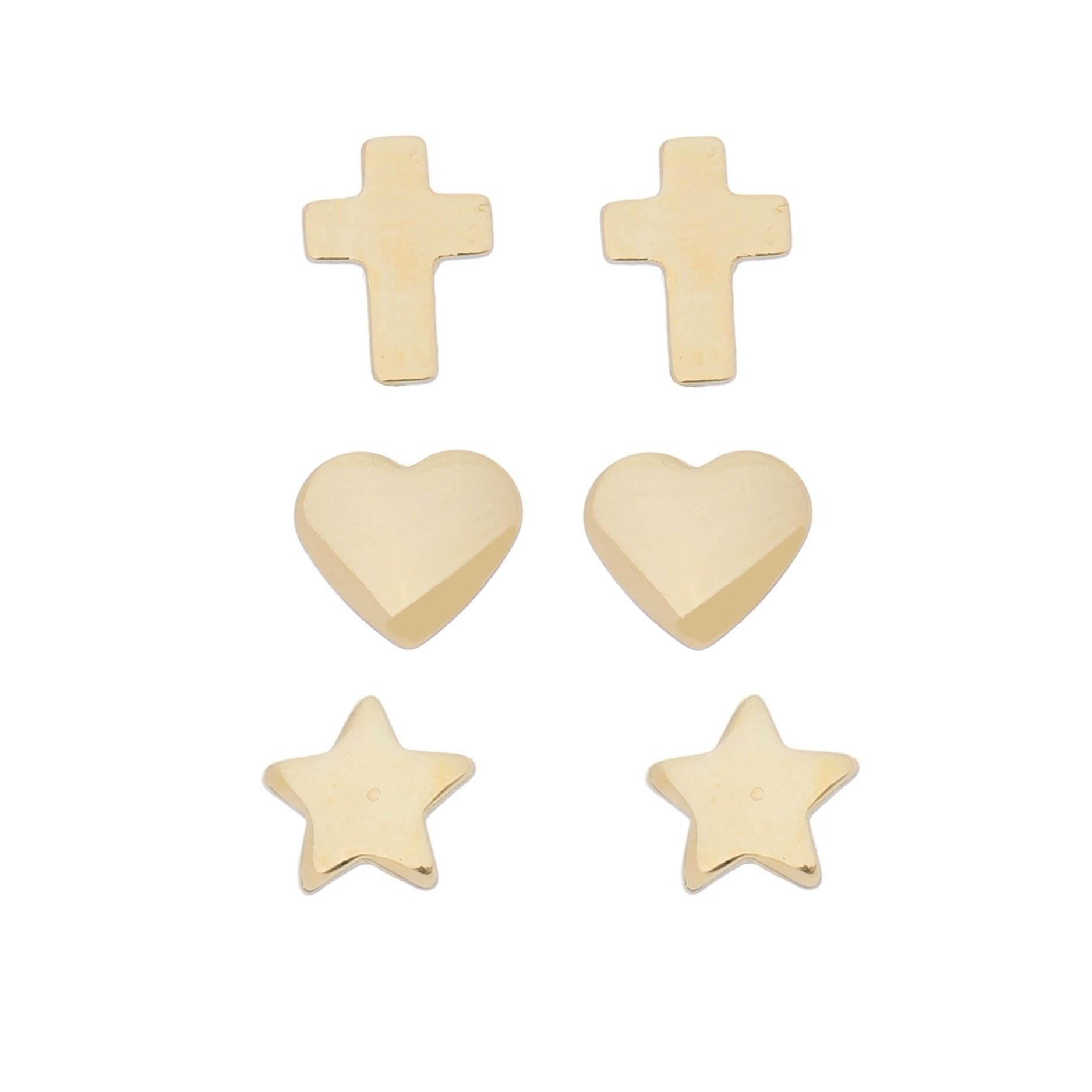 Kit Com Três Brincos RIKYFIF de Símbolos Delicados Crucifixo, Coração e Estrela Banhado a Ouro 18K
