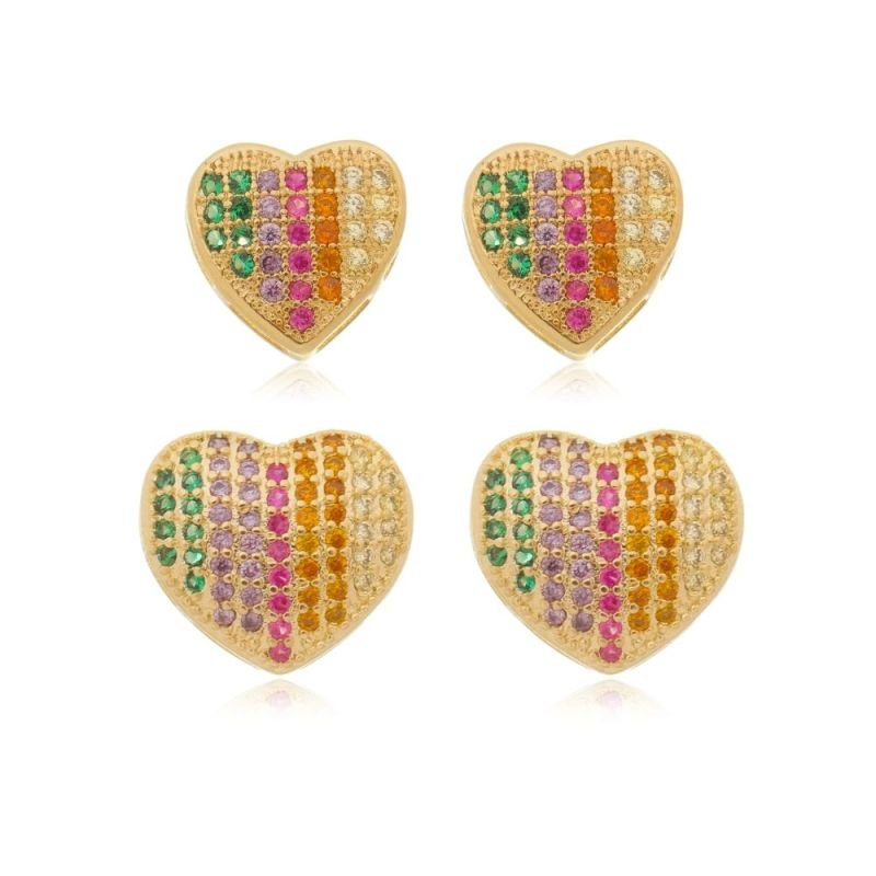 Kit de Brincos de Coração Cravejado com Zircônias Coloridas com Banho em Ouro 18K