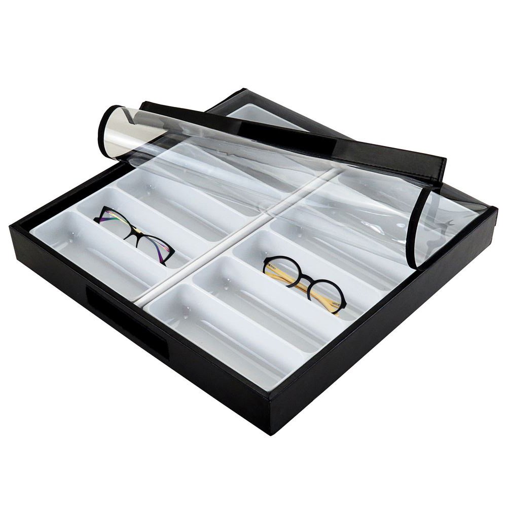 Bandeja para 12 Óculos 35,3x35,7x4,5 cm com tampa transparente Requinte Vinil Preto - Vinil Branco